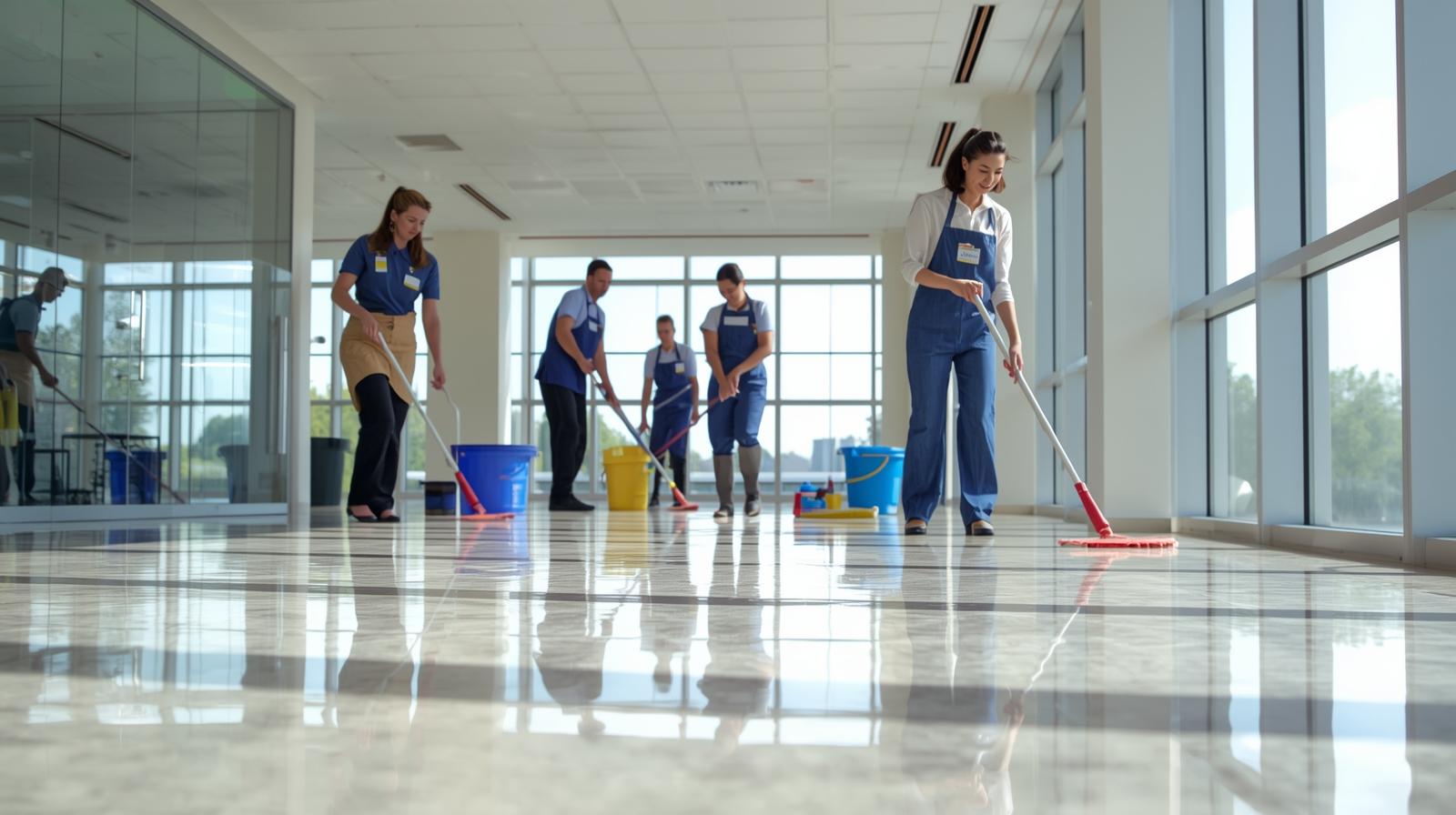 group of staff cleaning floor and window